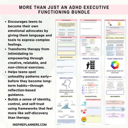 ADHD Executive Functioning Bundle preview – reflection prompts, coping strategies, and organization tools