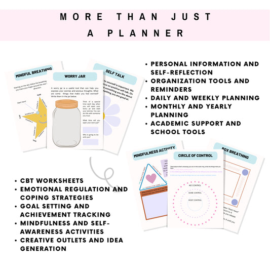 ADHD kids planner with mindfulness activities, coping strategies, self-talk worksheets, and daily planning tools.