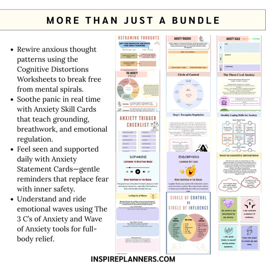 Overview of Anxiety Mega Bundle showing worksheets, skill cards, statement cards, and tools for anxiety relief and emotional regulation.