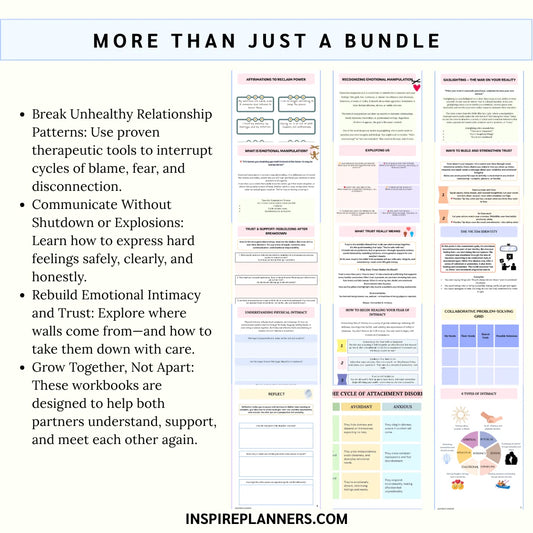 Couples therapy worksheets bundle benefits showing instant download, printable relationship tools, and professional quality