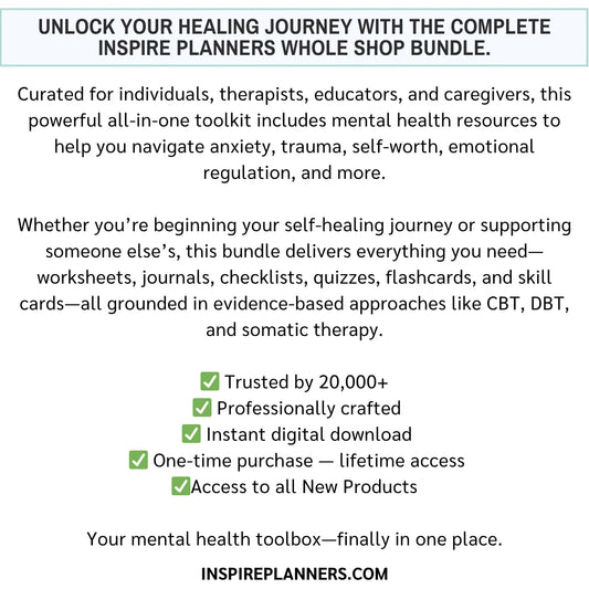 Whole Shop Bundle overview describing complete printable mental health resources including worksheets, journals, quizzes, and self-care tools.