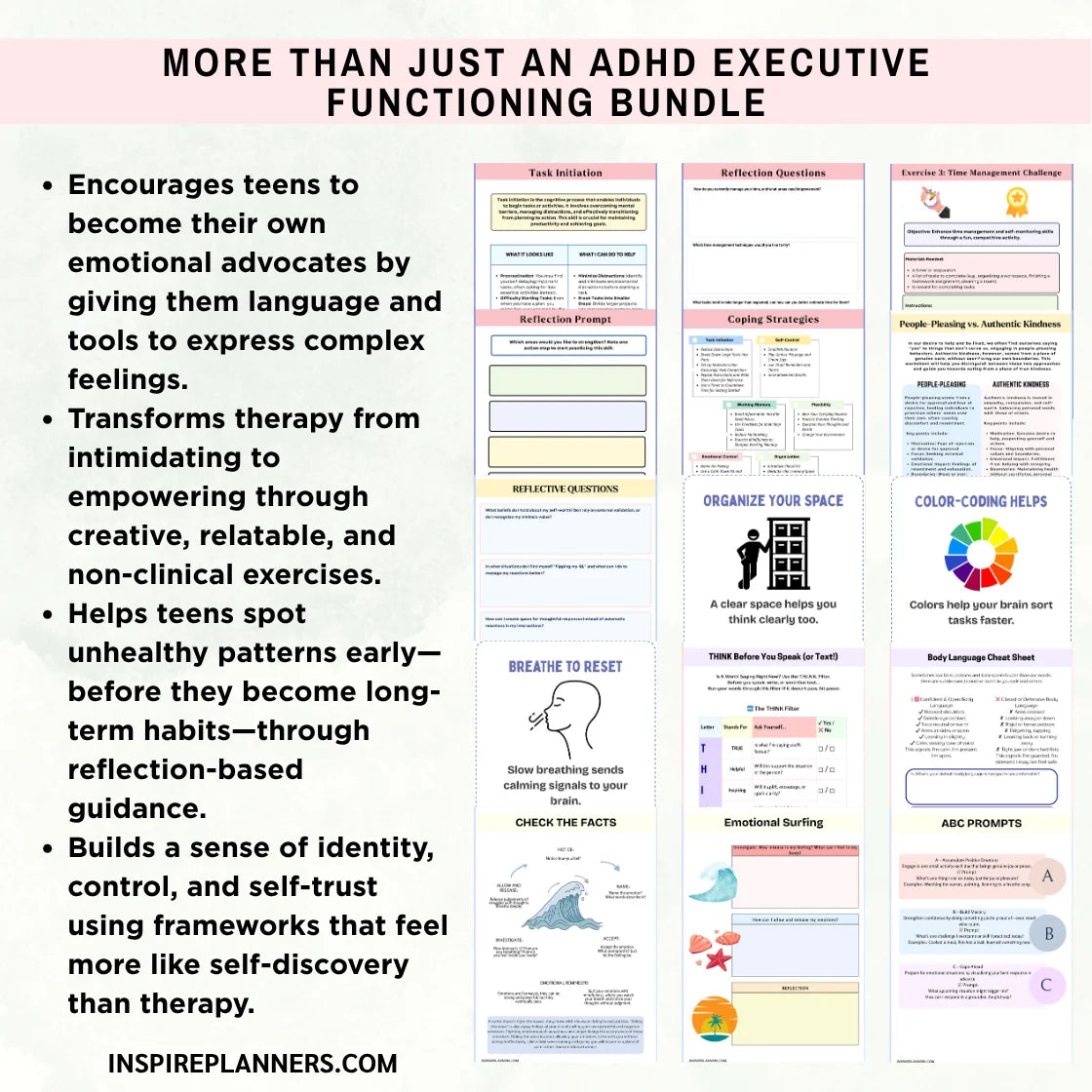 ADHD Executive Functioning Bundle preview – reflection prompts, coping strategies, and organization tools