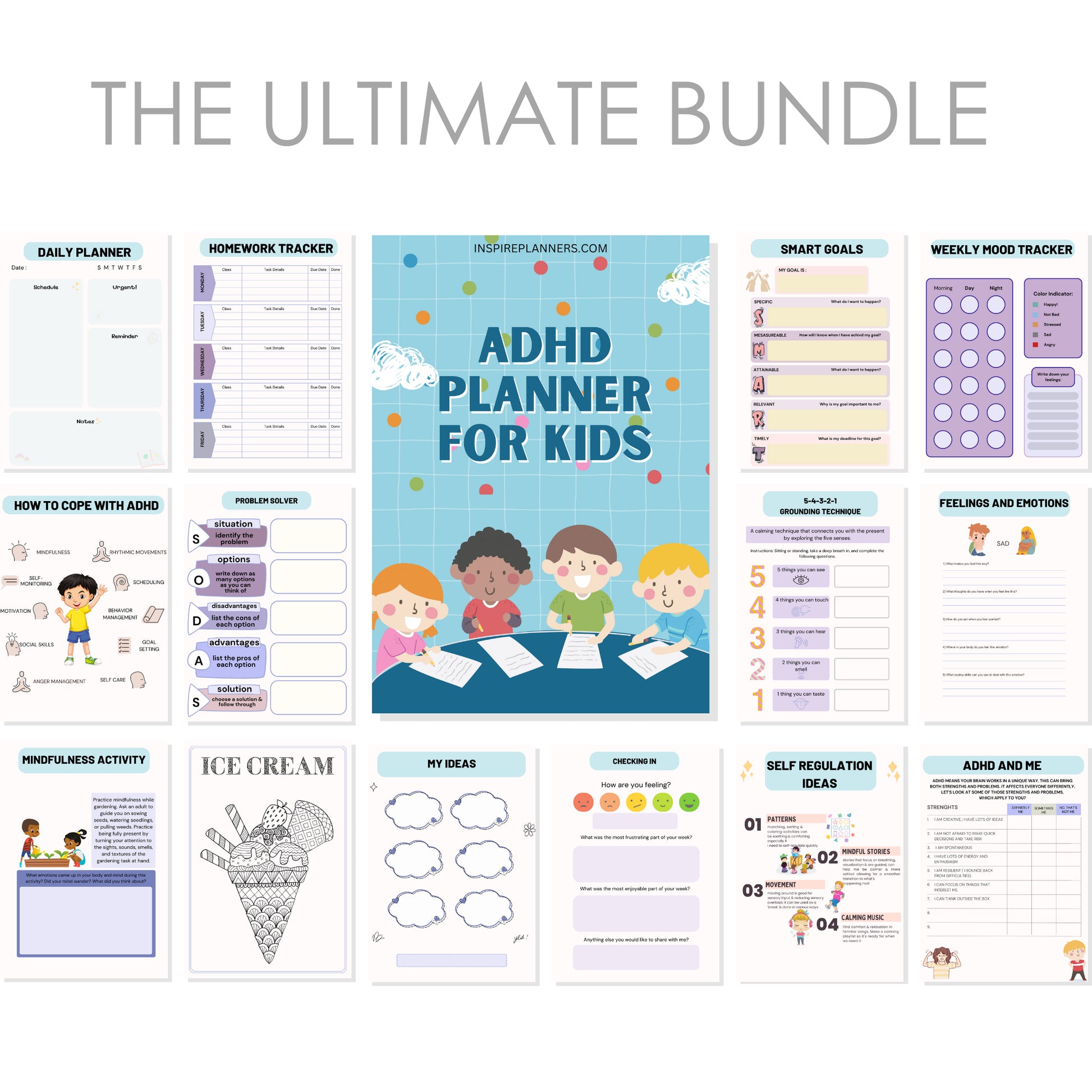 ADHD planner for kids ultimate bundle including planners, self-regulation worksheets, gratitude journal, and coping tools.
