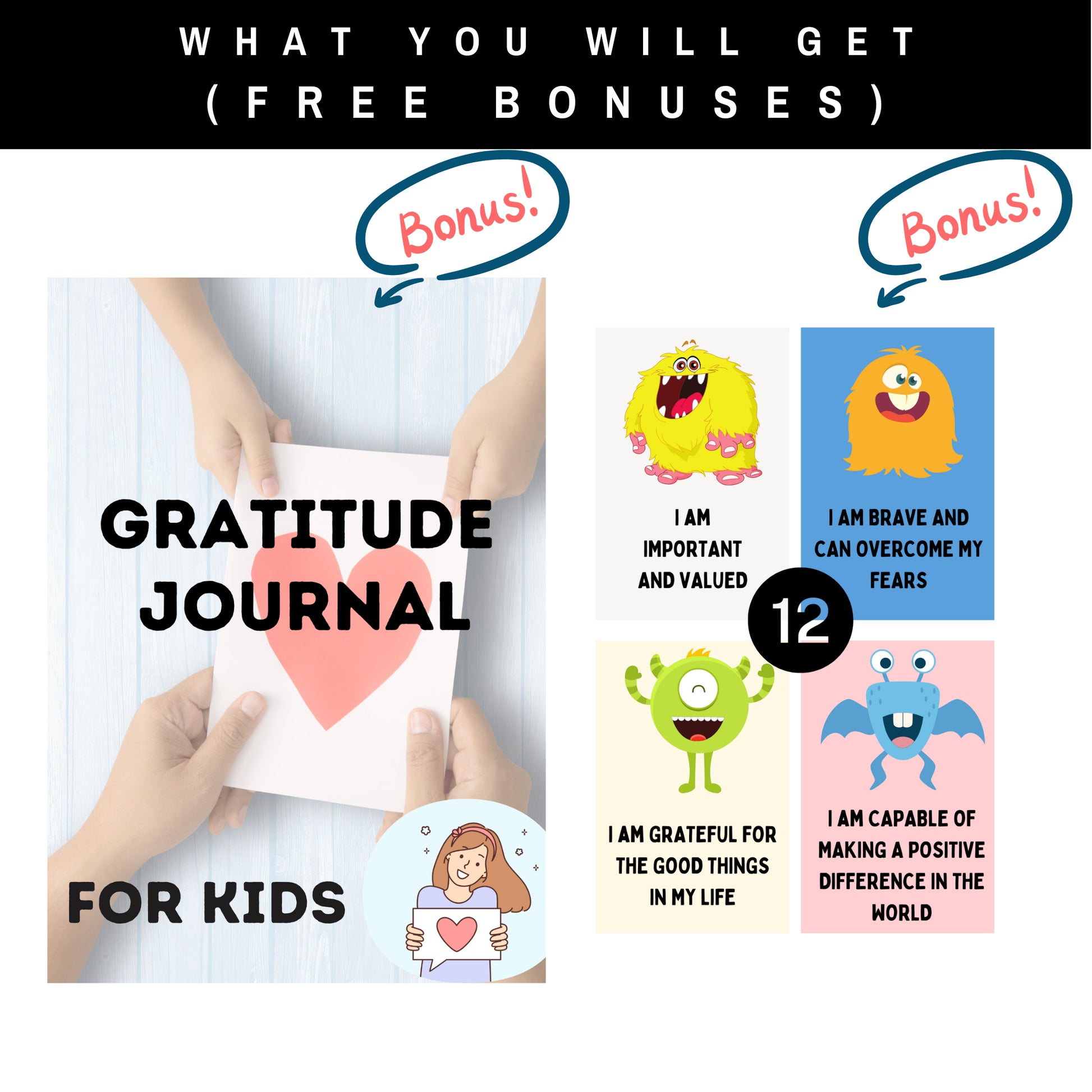 Kids ADHD planner bundle with free gratitude journal and monster affirmation cards as bonus printables.