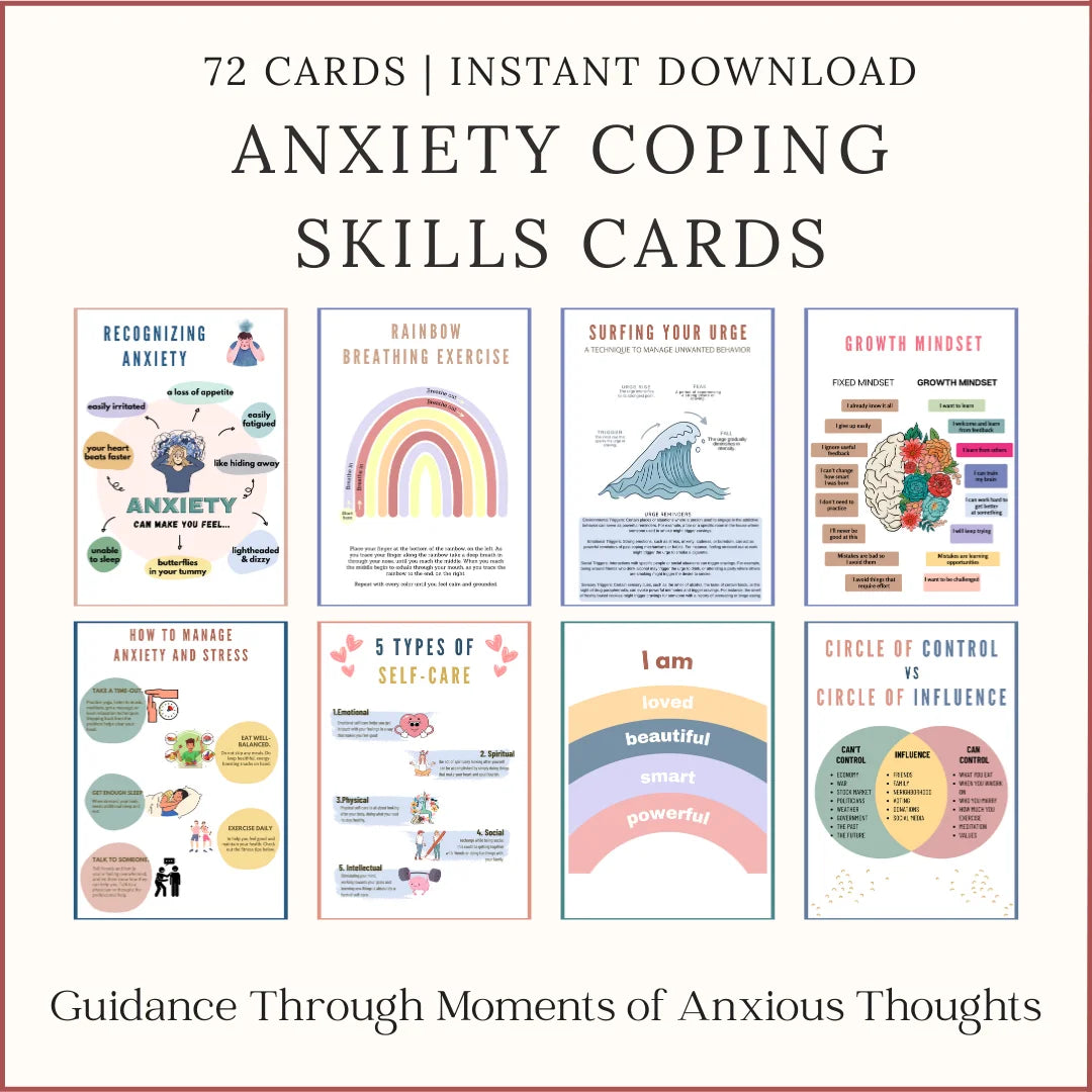 Printable Anxiety Coping Skills Cards with 72 strategies for grounding, emotional regulation, and stress relief, instant download.