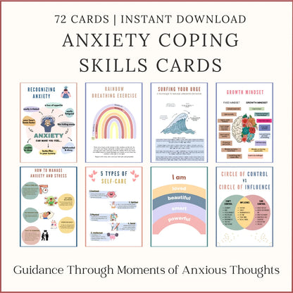 Printable Anxiety Coping Skills Cards with 72 strategies for grounding, emotional regulation, and stress relief, instant download.