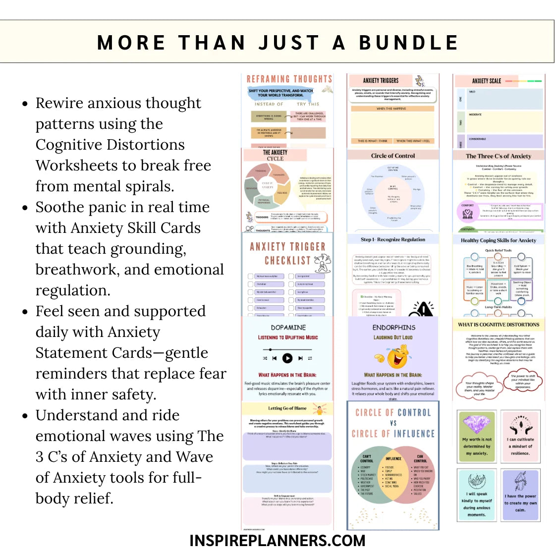 Overview of Anxiety Mega Bundle showing worksheets, skill cards, statement cards, and tools for anxiety relief and emotional regulation.