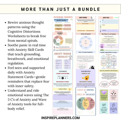 Overview of Anxiety Mega Bundle showing worksheets, skill cards, statement cards, and tools for anxiety relief and emotional regulation.