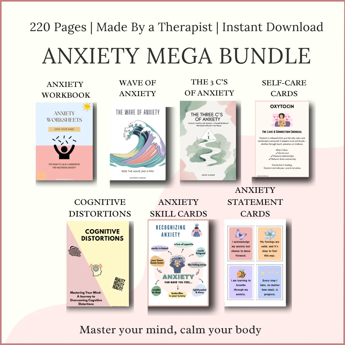 Anxiety Mega Bundle hero image showing 220 pages of printable worksheets, cards, and journals for anxiety management, instant download.
