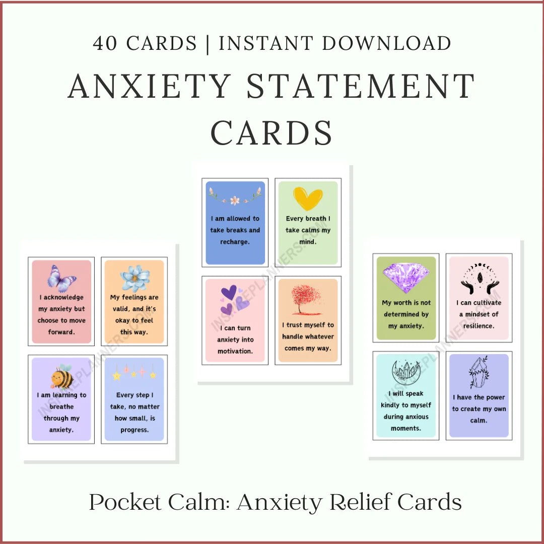 Printable Anxiety Statement Cards with 40 calming affirmations for anxiety relief and mindfulness, instant download PDF.