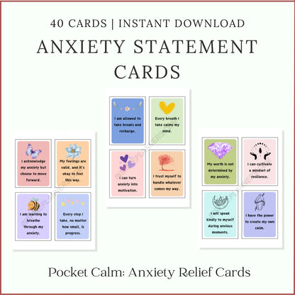Printable Anxiety Statement Cards with 40 calming affirmations for anxiety relief and mindfulness, instant download PDF.