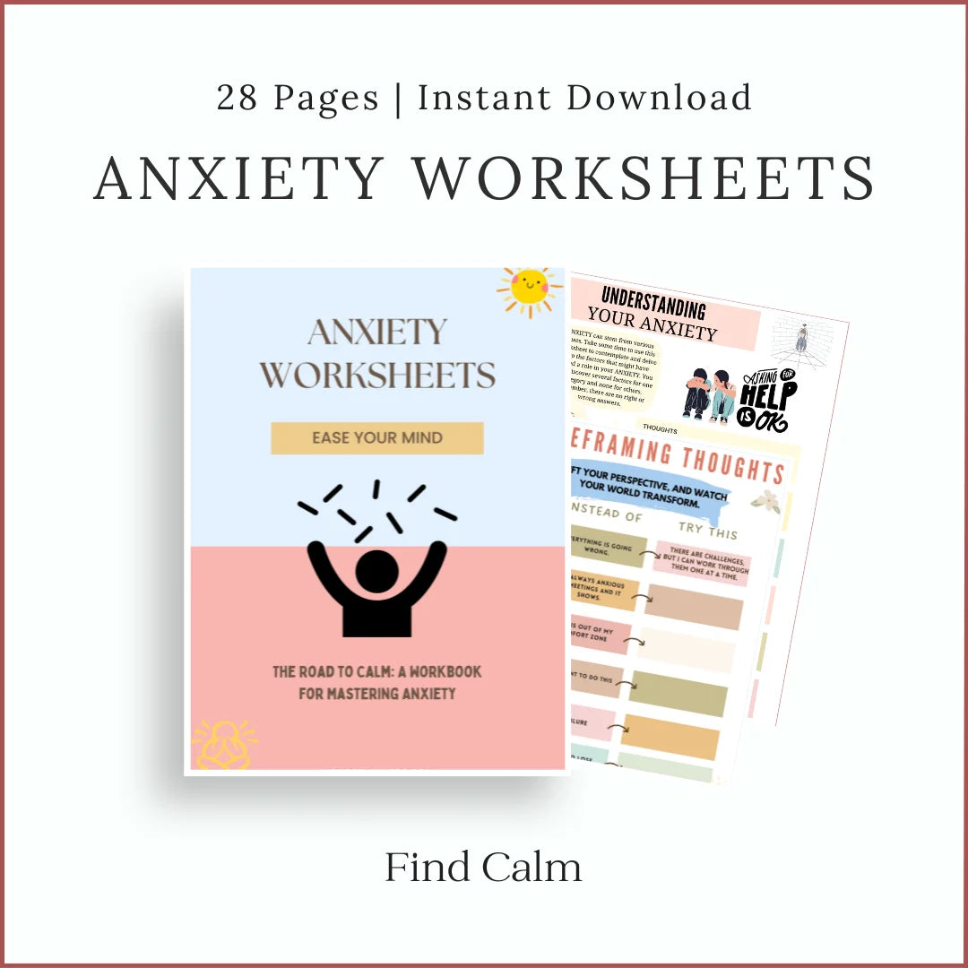 Printable Anxiety Worksheets for coping skills and mindfulness, 28-page instant download PDF.