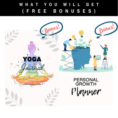 Free bonus Yoga Journal and Personal Growth Planner printables included with Ultimate Mental Health Worksheets bundle.