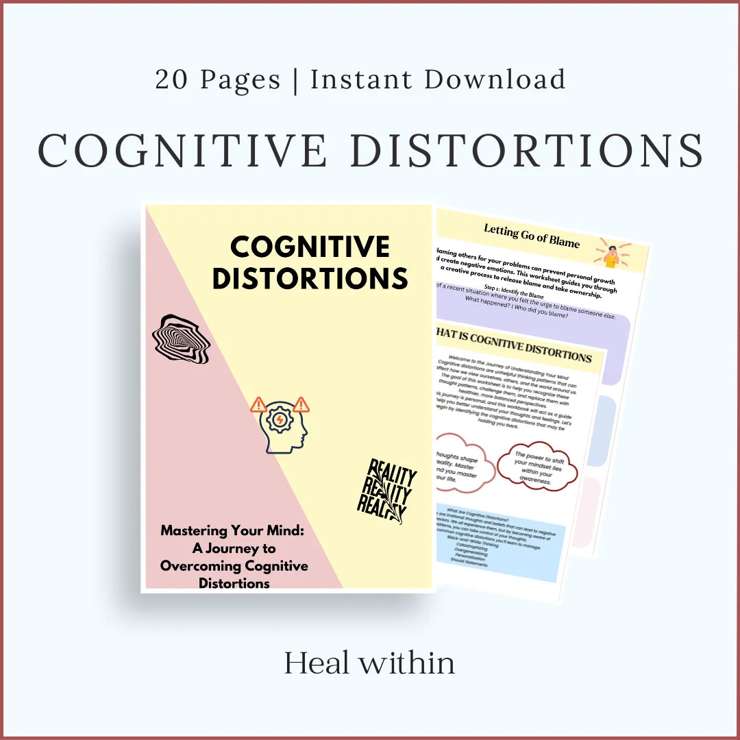 Printable Cognitive Distortions Workbook with worksheets to challenge negative thought patterns and reframe thinking, 20-page instant download PDF.