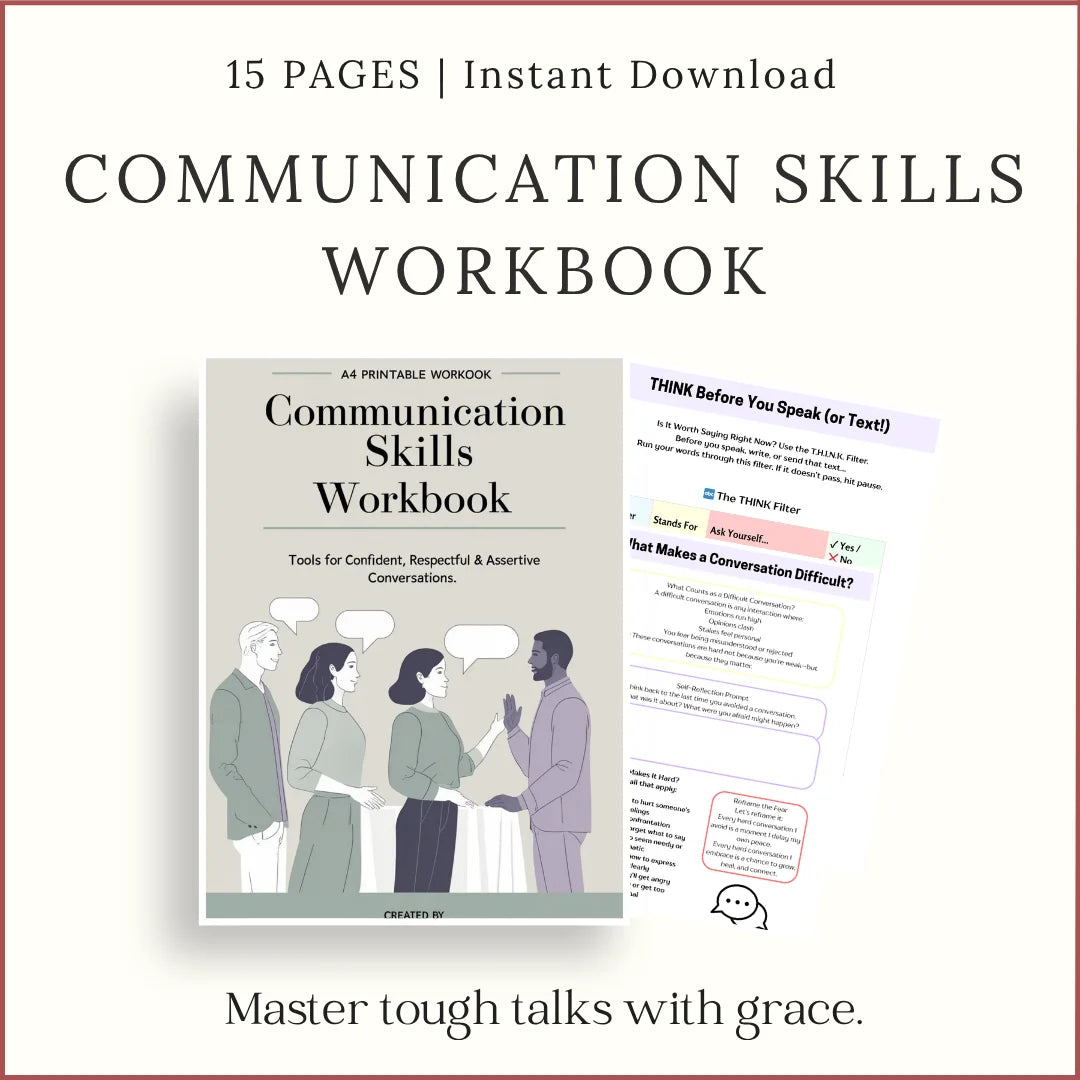 Printable Communication Skills Workbook with worksheets for confident and respectful conversations, 15-page instant download PDF.
