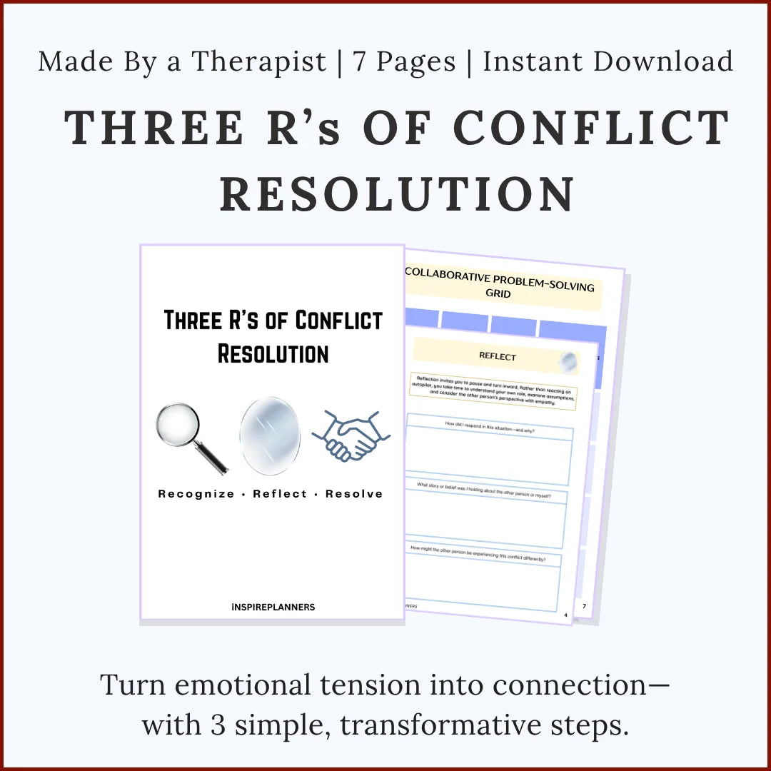 Printable Conflict Resolution Workbook with worksheets on recognize, reflect, and resolve, 7-page instant download PDF.