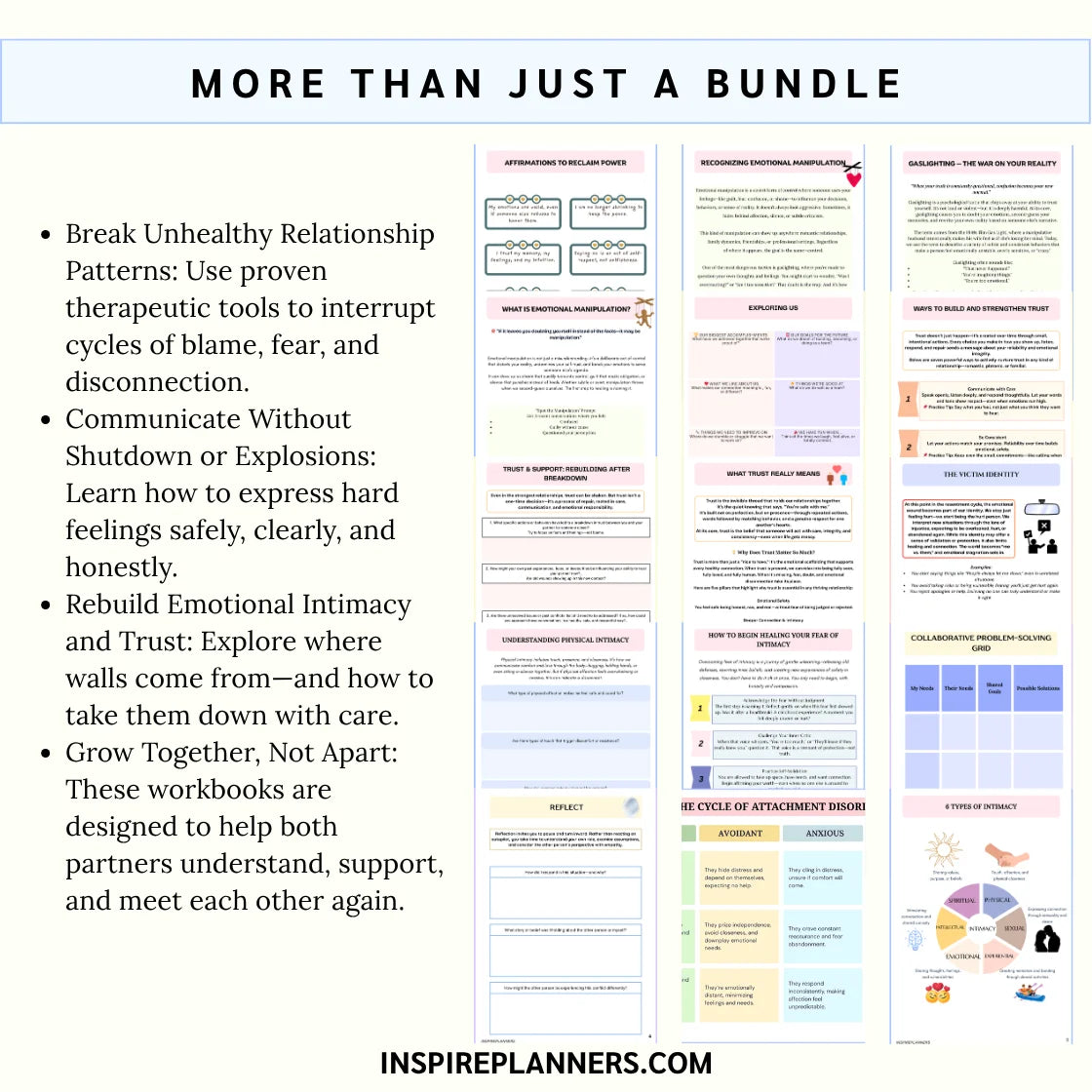 Couples therapy worksheets bundle benefits showing instant download, printable relationship tools, and professional quality