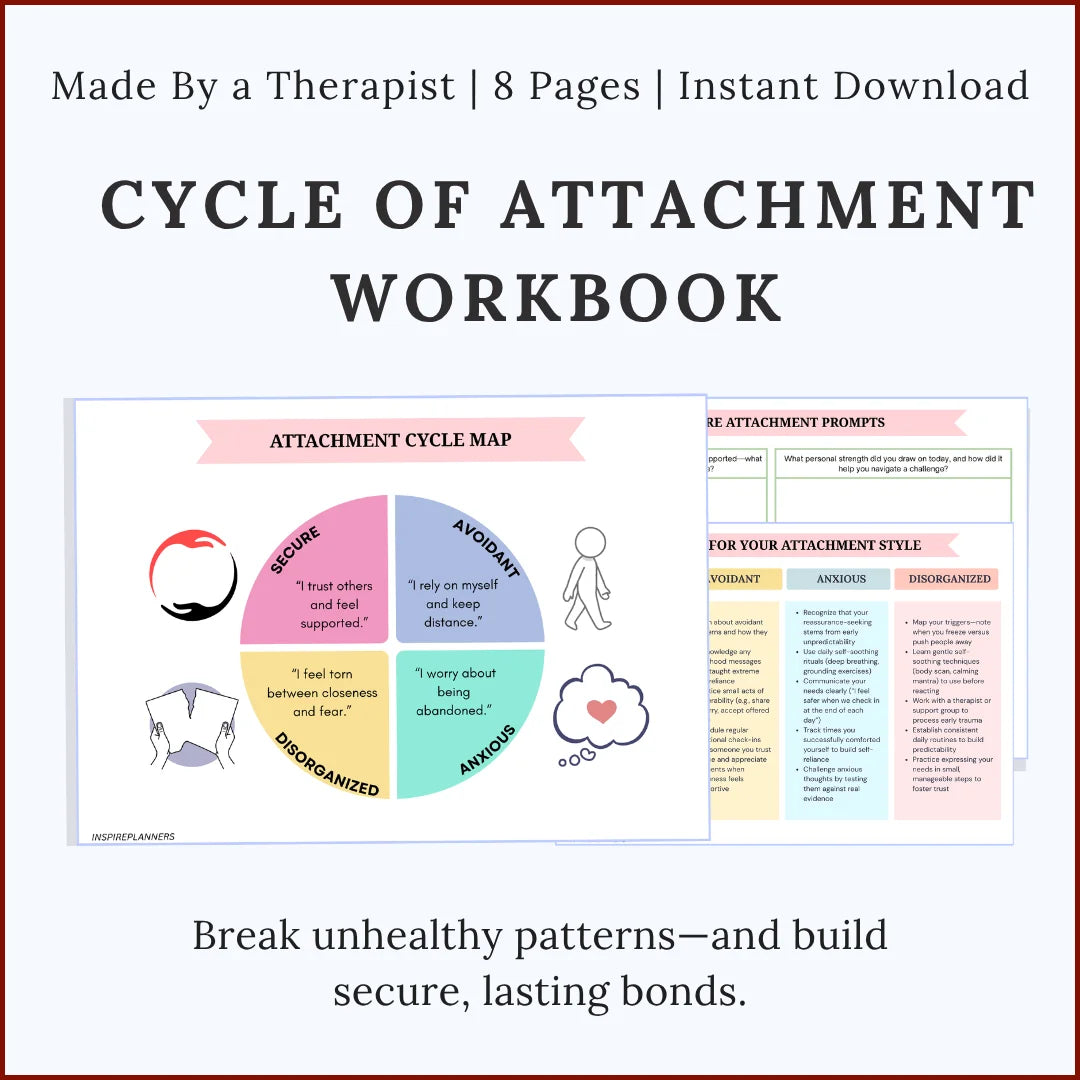 Printable Cycle of Attachment Workbook with worksheets for understanding secure, avoidant, anxious, and disorganized attachment, 8-page instant download.