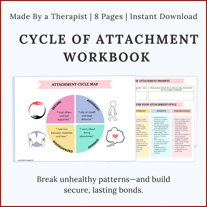 Printable Cycle of Attachment Workbook with worksheets for understanding secure, avoidant, anxious, and disorganized attachment, 8-page instant download.