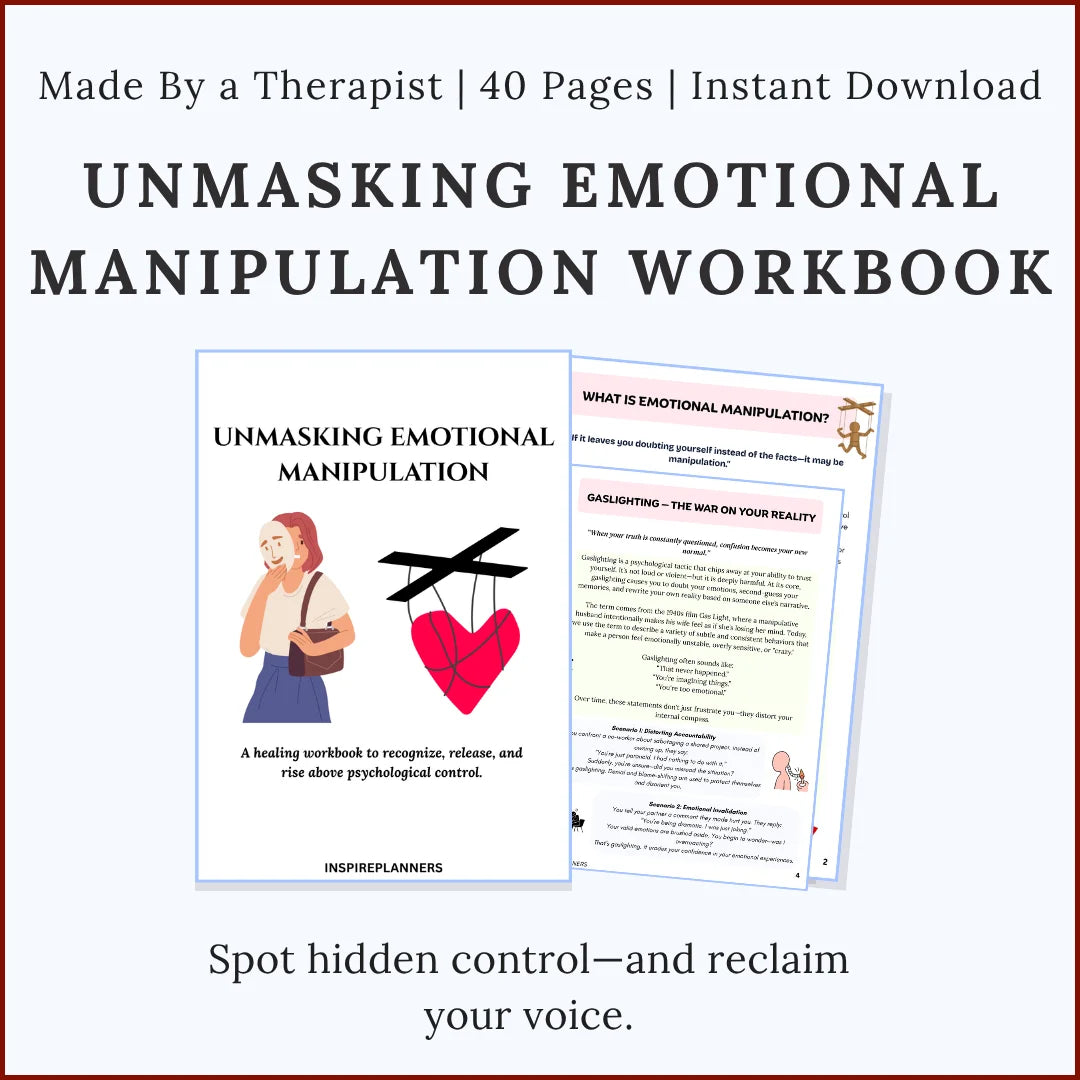 Unmasking emotional manipulation workbook pages showing boundary setting and healthy relationship patterns