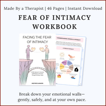Printable Fear of Intimacy Workbook with reflection worksheets for building trust and emotional closeness, 46-page instant download PDF.