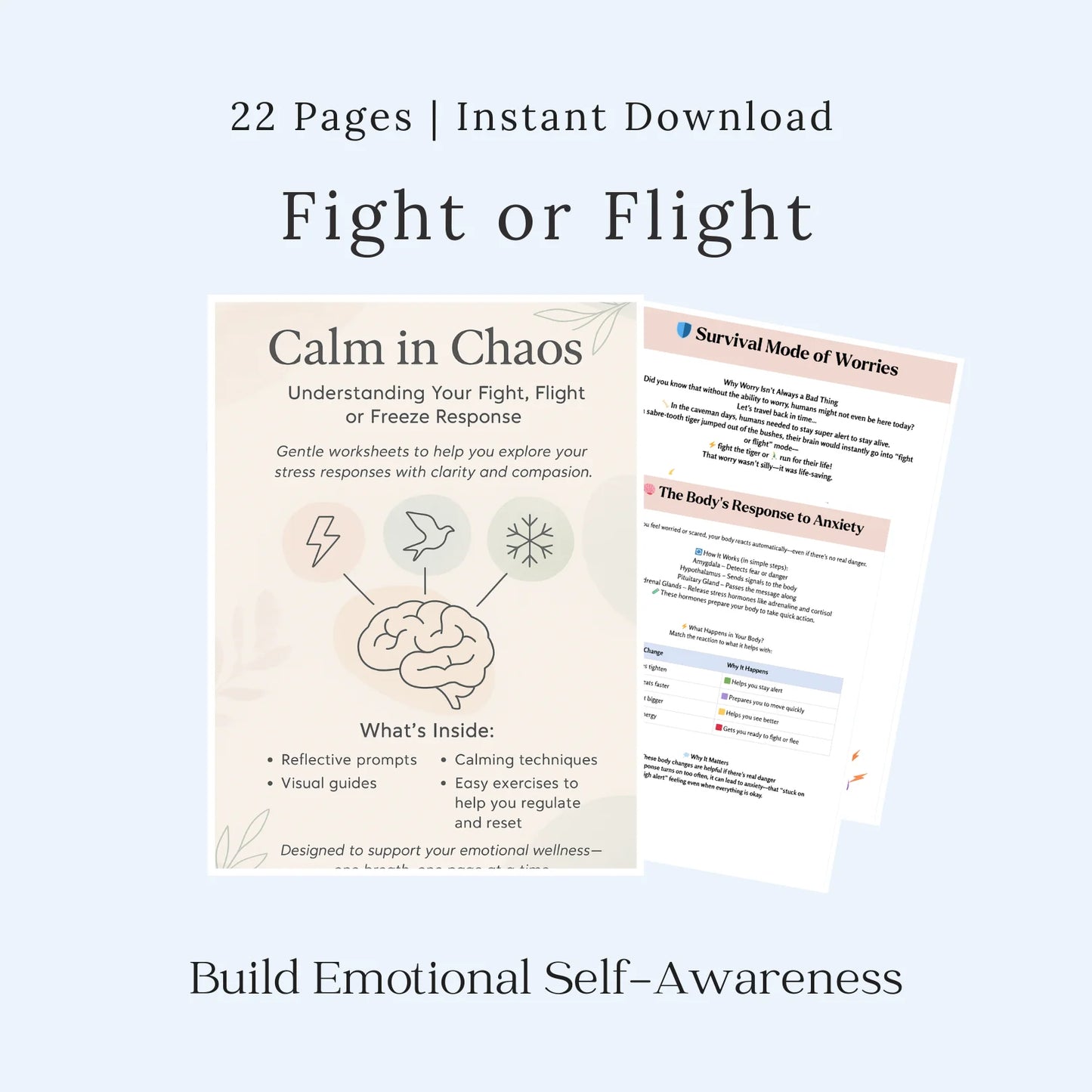 Fight or Flight worksheets printable – 22 pages for managing anxiety, stress response, and building emotional self-awareness – instant download PDF
