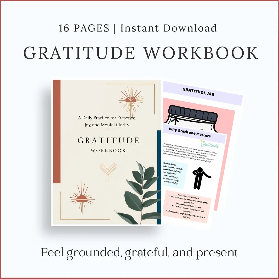 Printable Gratitude Workbook with daily self-care journal worksheets, A4 instant download PDF.