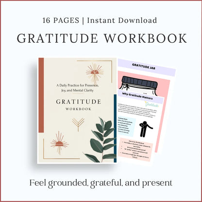 Printable Gratitude Workbook with daily self-care journal worksheets, A4 instant download PDF.
