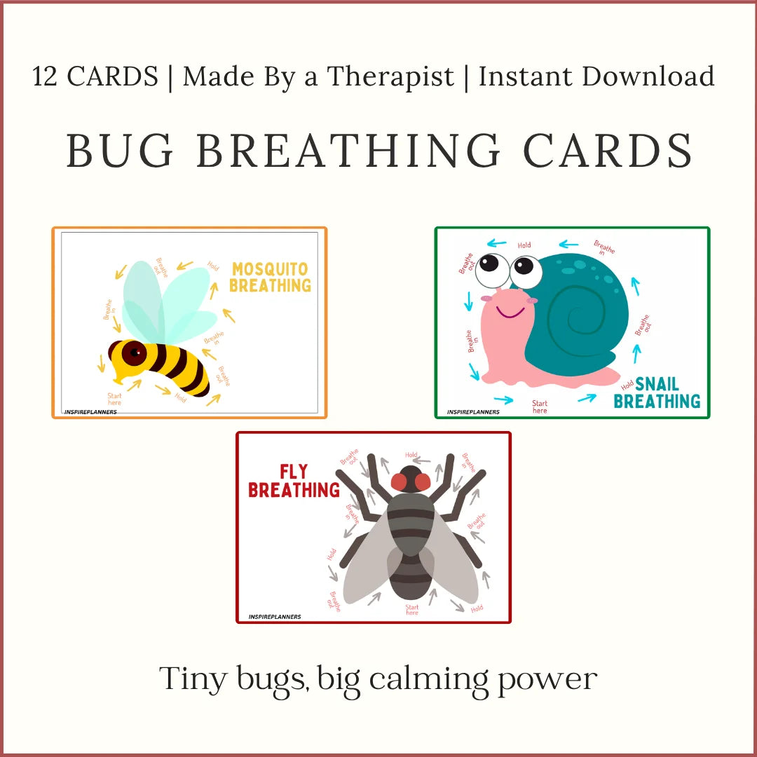 Printable bug breathing cards for kids – mosquito, snail, and fly breathing exercises