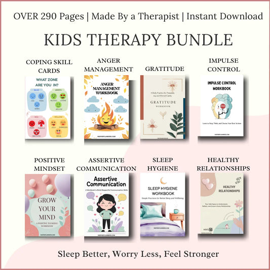 Kids Therapy Bundle with coping skills, anger management, gratitude, impulse control, sleep hygiene, positive mindset, and healthy relationships workbooks
