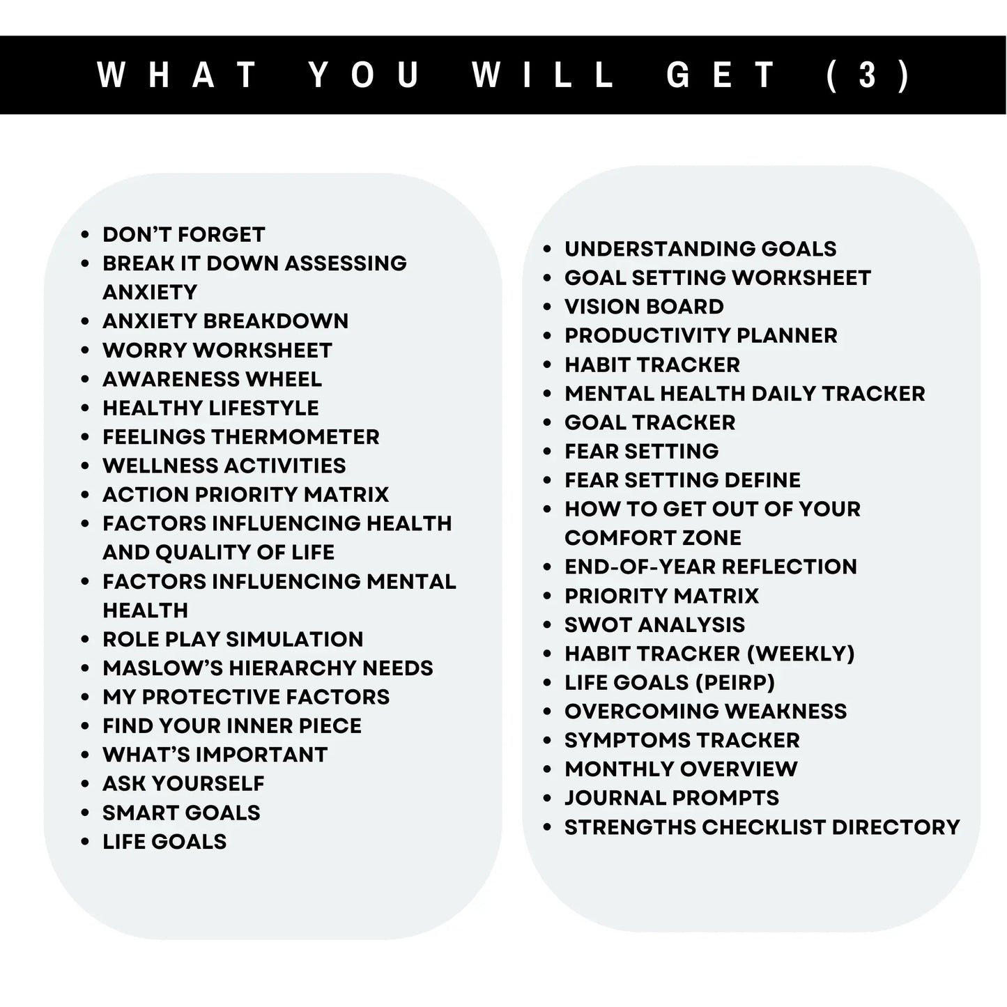 Life goals and mental health tracker worksheets list included in Ultimate Mental Health Worksheets bundle.