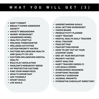 Life goals and mental health tracker worksheets list included in Ultimate Mental Health Worksheets bundle.