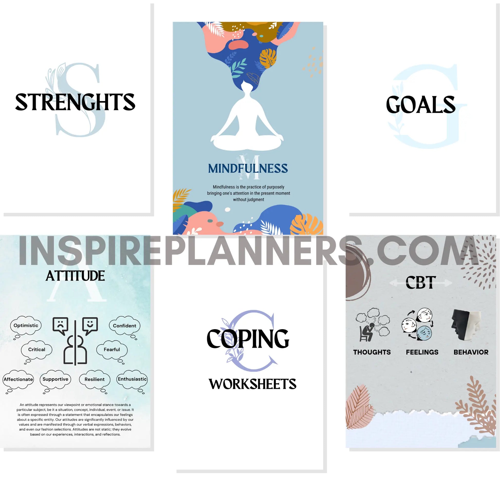 Printable worksheets for strengths, goals, mindfulness, coping skills, and CBT included in Ultimate Mental Health Worksheets bundle.