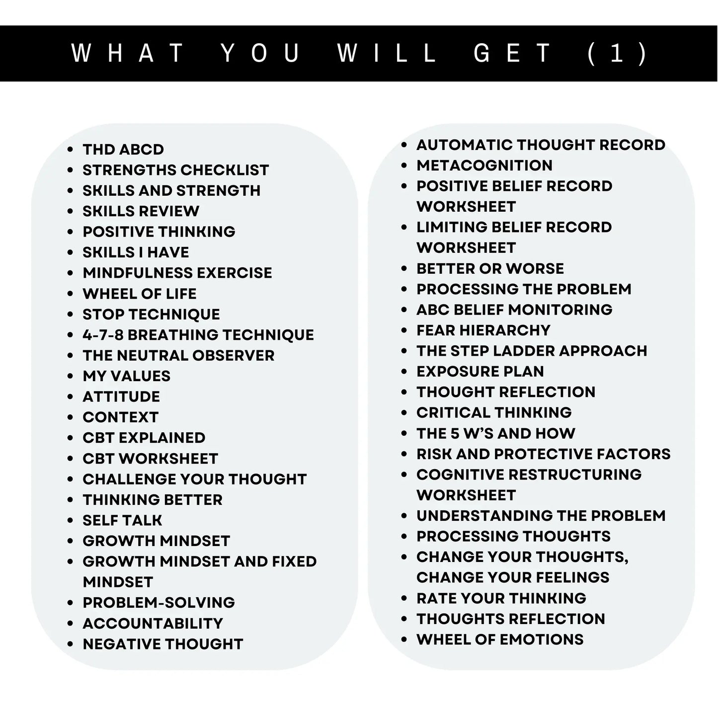 List of 50+ printable mental health tools and exercises included in Ultimate Mental Health Worksheets bundle.