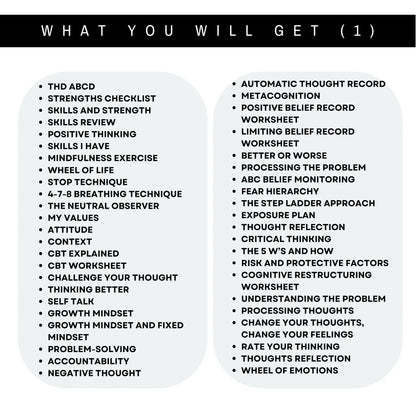 List of 50+ printable mental health tools and exercises included in Ultimate Mental Health Worksheets bundle.
