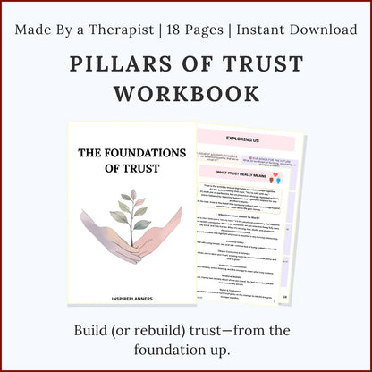 Printable Pillars of Trust Workbook with worksheets for building and restoring trust in relationships, 18-page instant download.