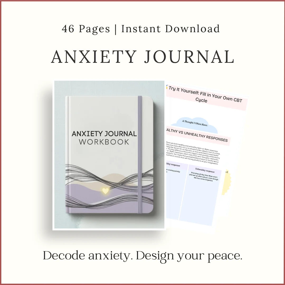 Printable Anxiety Journal workbook with CBT worksheets and tracking exercises, A4 instant download.
