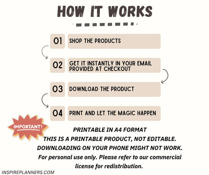 How it works instructions for printable worksheets, instant digital download process guide in A4 format.