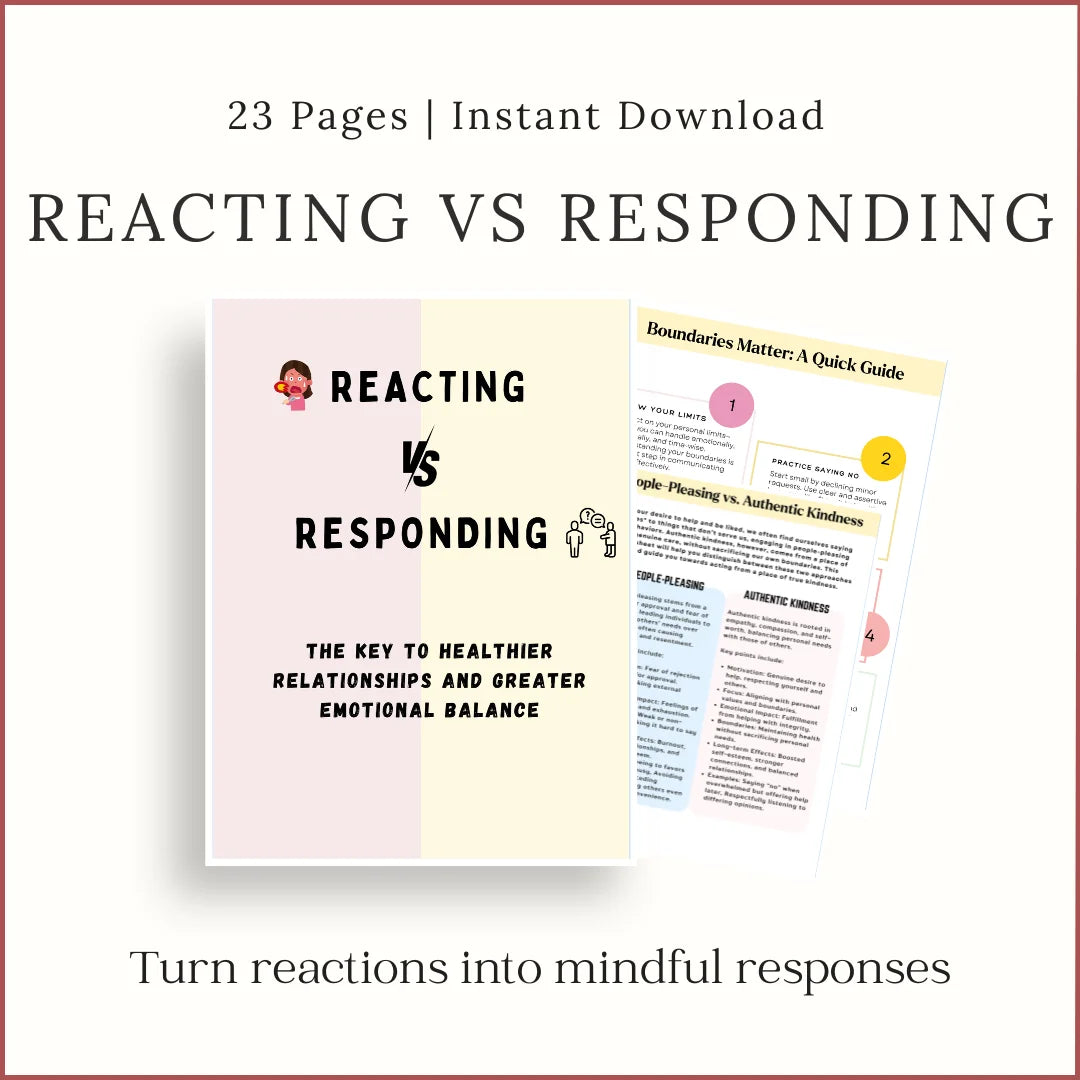 Printable Reacting vs Responding Workbook with worksheets for emotional balance and mindful communication, 23-page instant download PDF.
