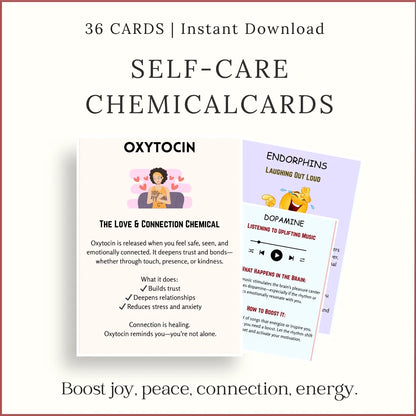 Printable Self-Care Chemical Cards featuring dopamine, serotonin, oxytocin, and endorphins activities for emotional wellness, instant download PDF.