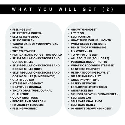 Self-care, gratitude, stress management, and affirmation worksheets list from Ultimate Mental Health Worksheets bundle.