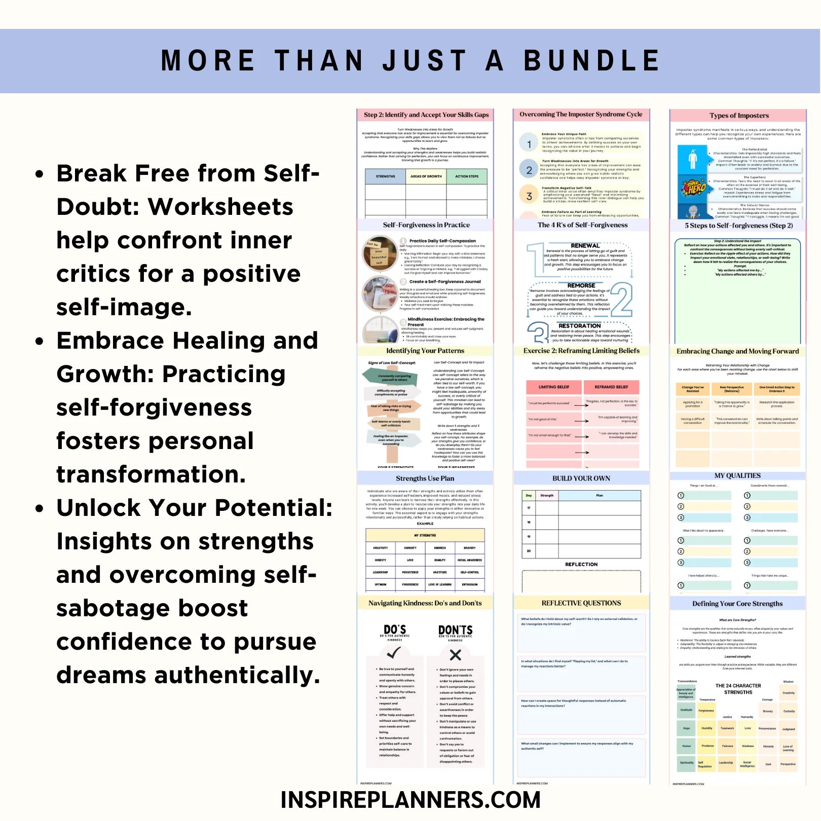 Self-Worth Bundle worksheets benefits preview - printable exercises for self-forgiveness, strengths, imposter syndrome, and confidence building