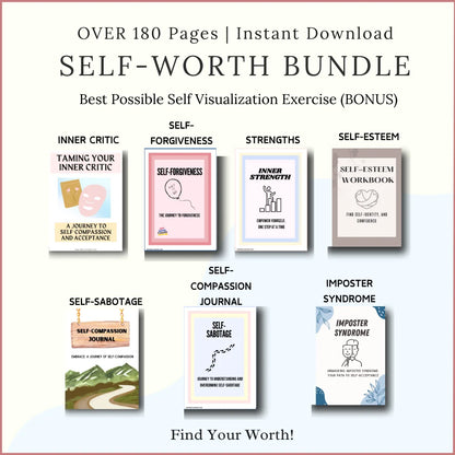 Self-Worth Bundle printable worksheets for inner critic, self-forgiveness, strengths, self-esteem, self-sabotage, self-compassion, and imposter syndrome - Inspire Planners