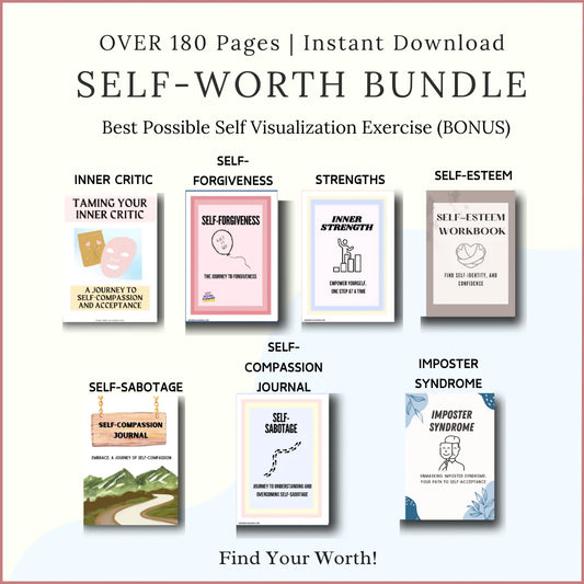 Self-Worth Bundle printable worksheets for inner critic, self-forgiveness, strengths, self-esteem, self-sabotage, self-compassion, and imposter syndrome - Inspire Planners