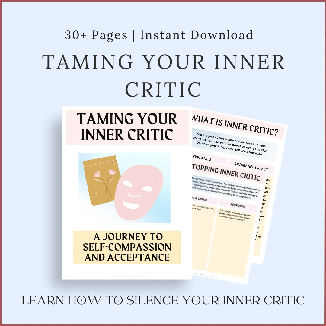 Taming Your Inner Critic workbook cover showing self-compassion and acceptance exercises for personal growth.