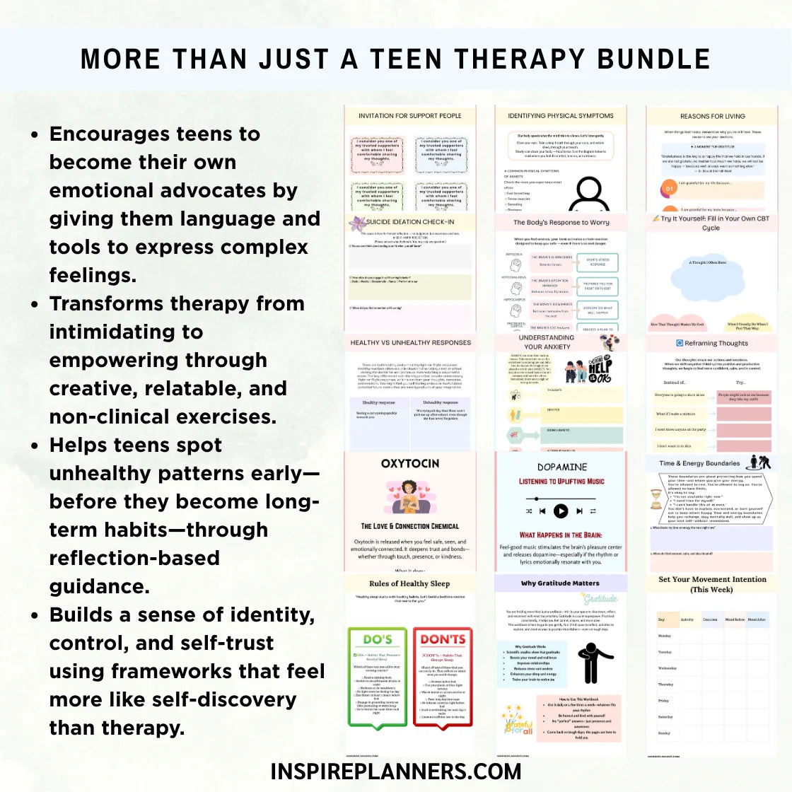 Teen mental health worksheets bundle 380+ pages overview showing anxiety workbook, self-esteem guide, boundaries worksheets, safety plan, and window of tolerance resources.
