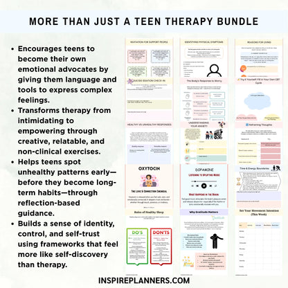 Teen mental health worksheets bundle 380+ pages overview showing anxiety workbook, self-esteem guide, boundaries worksheets, safety plan, and window of tolerance resources.