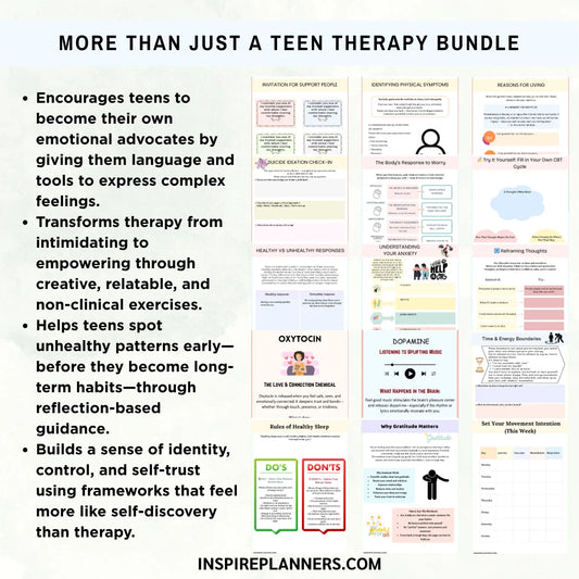 Teen mental health worksheets bundle 380+ pages overview showing anxiety workbook, self-esteem guide, boundaries worksheets, safety plan, and window of tolerance resources.