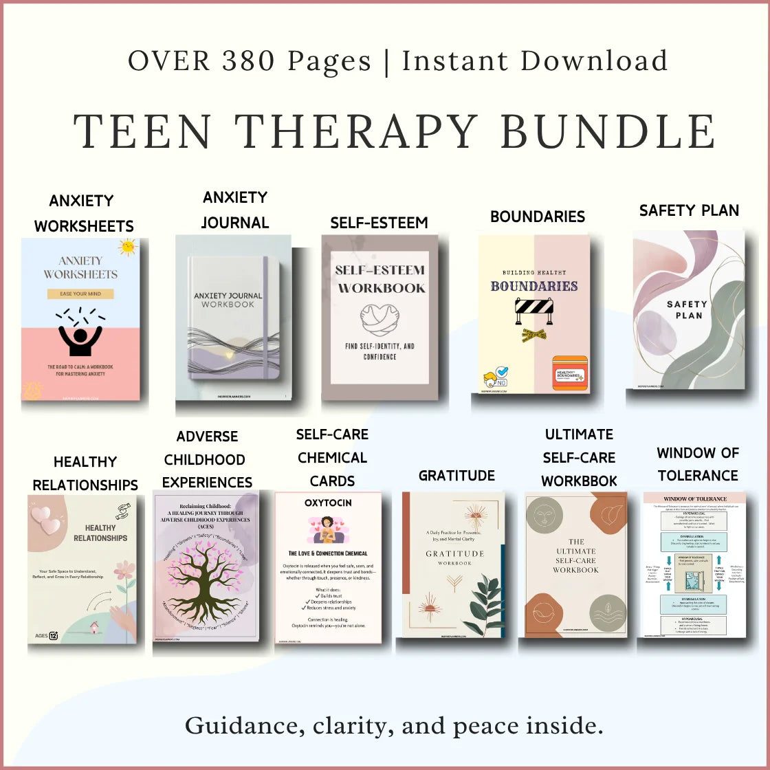 Teen Therapy Bundle hero image showing printable worksheets for anxiety, self-esteem, boundaries, relationships, and self-care, instant download PDF.