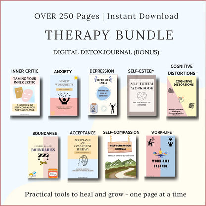 Therapy Bundle Printable Mental Health Worksheets – Anxiety, Depression, Self-Esteem, Inner Critic, and More